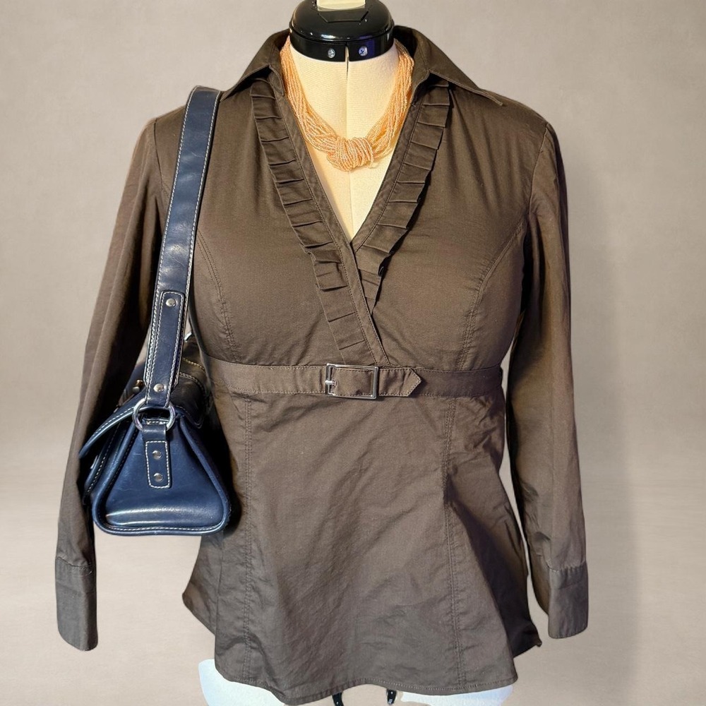 Larry Levine Brown Wrap Blouse Ruffle Buckle Waist Women's Medium Cotton Blend